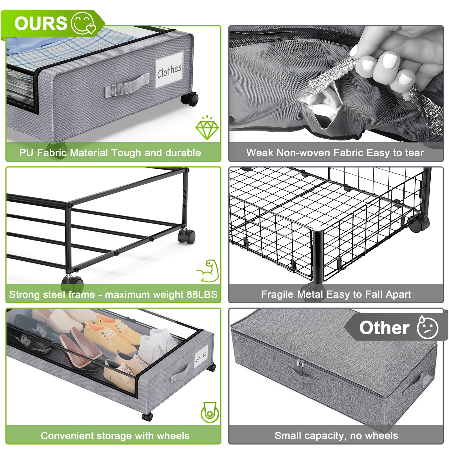 Under Bed Storage with Wheels, 1-Pack Under Bed Storage Containers,Under Bed Shoe Storage Organizer with Clear Window&Label,Rolling Under Bed Storage Metal Drawer for Clothes,Shoes,Toys Grey