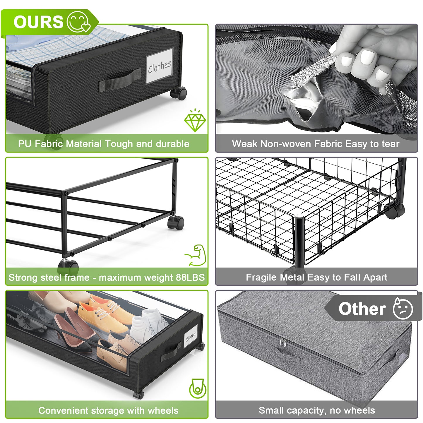 Under Bed Storage with Wheels, 1-Pack Under Bed Storage Containers,Under Bed Shoe Storage Organizer with Clear Window&Label,Rolling Under Bed Storage Metal Drawer for Clothes,Shoes,Toys Black