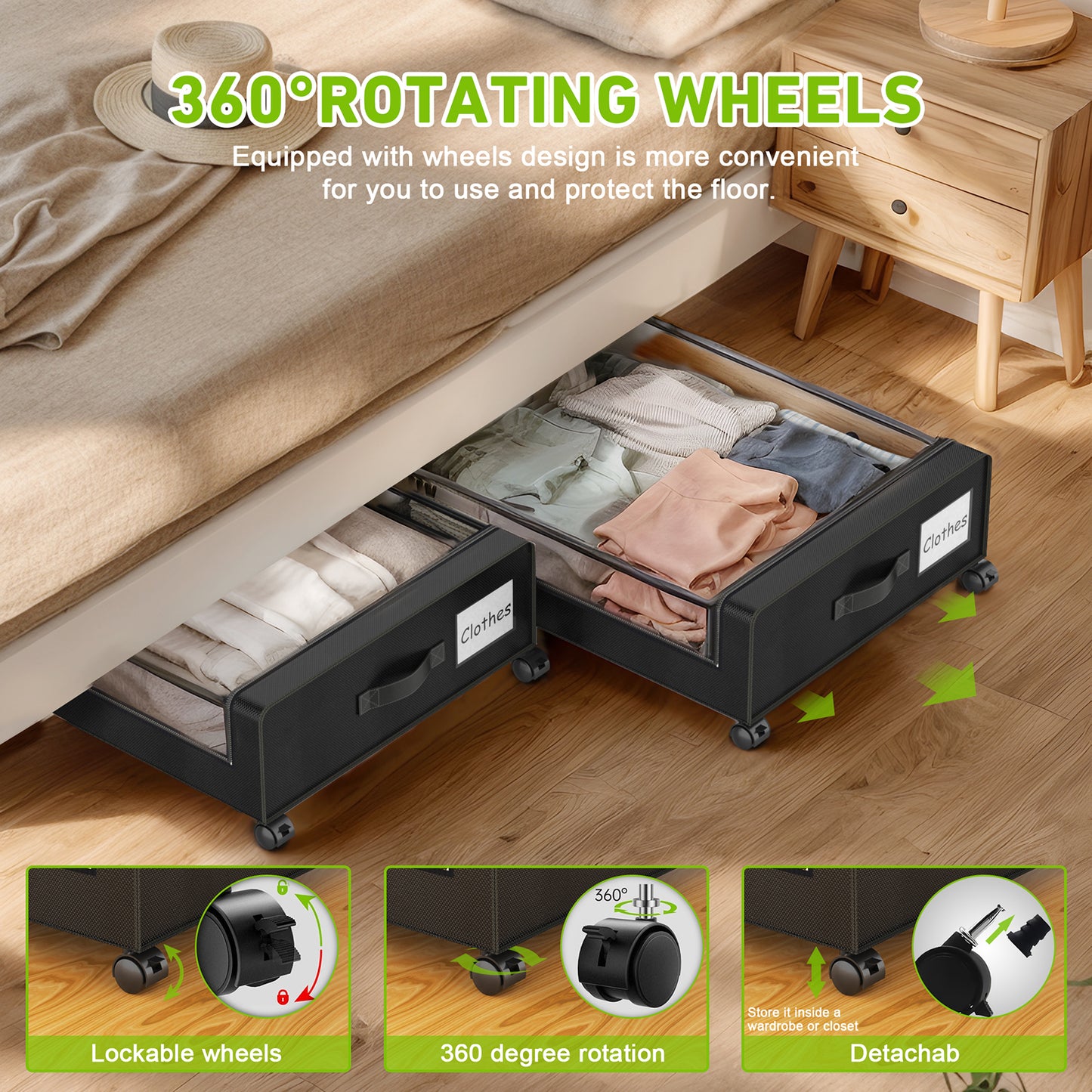 Under Bed Storage with Wheels, 4-Pack Under Bed Storage Containers, XXL 60L Under the bed storage Organizer with Clear Lids - Rolling Drawers & Bins for Clothes,Shoes,Toys, (Black)