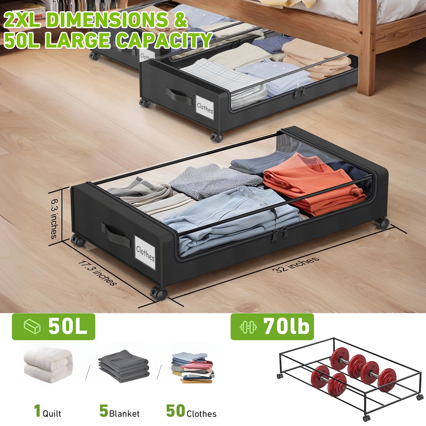 Under Bed Storage with Wheels, 4-Pack Under Bed Storage Containers, XXL 60L Under the bed storage Organizer with Clear Lids - Rolling Drawers & Bins for Clothes,Shoes,Toys, (Black)