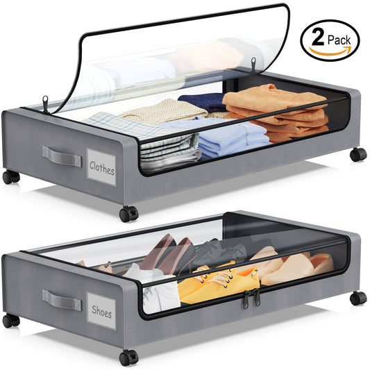 Under Bed Storage with Wheels, 2Pack Under Bed Storage Containers,Under Bed Shoe Storage Organizer with Clear Window&Label,Rolling Under Bed Storage Metal Drawer for Clothes,Shoes,Toys