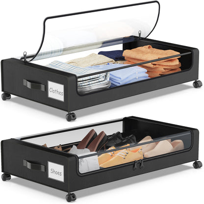 Under Bed Storage with Wheels, XXL 60L Under Bed Storage Containers, under the bed storage Organizer with Clear Lids - Rolling Drawers & Bins for Clothes,Shoes,Toys, 2-Pack (Black)