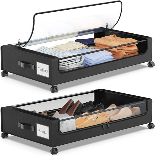 Under Bed Storage with Wheels, XXL 60L Under Bed Storage Containers, under the bed storage Organizer with Clear Lids - Rolling Drawers & Bins for Clothes,Shoes,Toys, 2-Pack (Black)