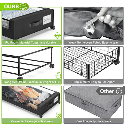 Under Bed Storage with Wheels, 1-Pack Under Bed Storage Containers,Under Bed Shoe Storage Organizer with Clear Window&Label,Rolling Under Bed Storage Metal Drawer for Clothes,Shoes,Toys Black