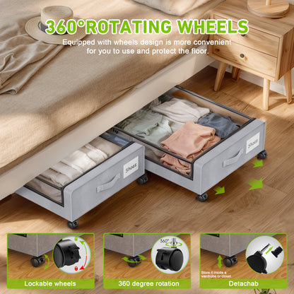 Under Bed Storage with Wheels, 1-Pack Under Bed Storage Containers,Under Bed Shoe Storage Organizer with Clear Window&Label,Rolling Under Bed Storage Metal Drawer for Clothes,Shoes,Toys Grey