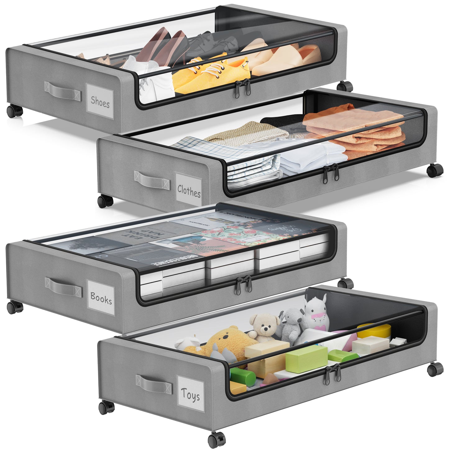 Under Bed Storage with Wheels, 4-Pack Under Bed Storage Containers, XXL 60L Under the bed storage Organizer with Clear Lids - Rolling Drawers & Bins for Clothes,Shoes,Toys, (Grey)