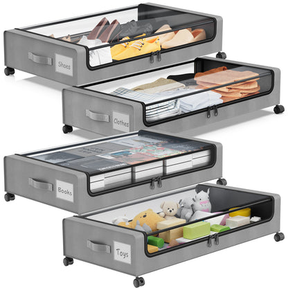 Under Bed Storage with Wheels, 4-Pack Under Bed Storage Containers, XXL 60L Under the bed storage Organizer with Clear Lids - Rolling Drawers & Bins for Clothes,Shoes,Toys, (Grey)