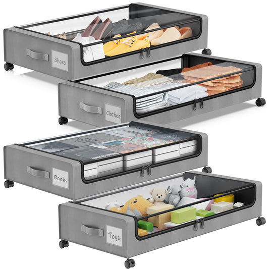 Under Bed Storage with Wheels, 4-Pack Under Bed Storage Containers, XXL 60L Under the bed storage Organizer with Clear Lids - Rolling Drawers & Bins for Clothes,Shoes,Toys, (Grey)
