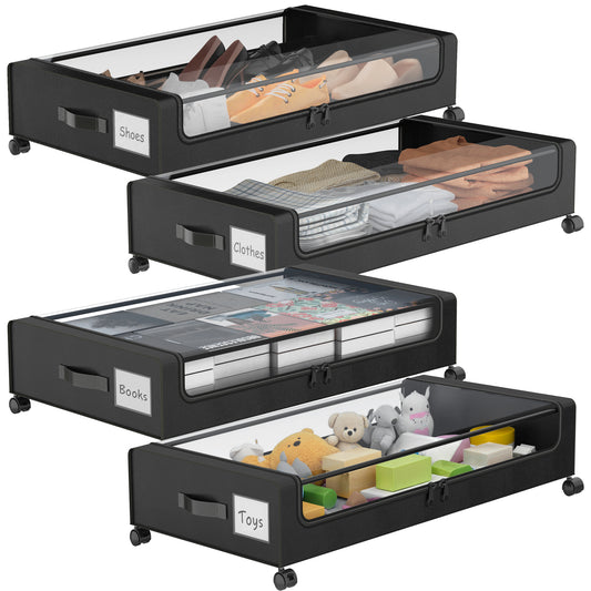 Under Bed Storage with Wheels, 4-Pack Under Bed Storage Containers, XXL 60L Under the bed storage Organizer with Clear Lids - Rolling Drawers & Bins for Clothes,Shoes,Toys, (Black)