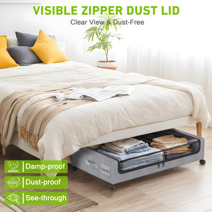 Under Bed Storage with Wheels, 2Pack Under Bed Storage Containers,Under Bed Shoe Storage Organizer with Clear Window&Label,Rolling Under Bed Storage Metal Drawer for Clothes,Shoes,Toys