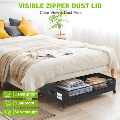 Under Bed Storage with Wheels, 4-Pack Under Bed Storage Containers, XXL 60L Under the bed storage Organizer with Clear Lids - Rolling Drawers & Bins for Clothes,Shoes,Toys, (Black)