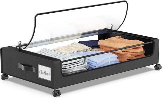 Under Bed Storage with Wheels, 1-Pack Under Bed Storage Containers,Under Bed Shoe Storage Organizer with Clear Window&Label,Rolling Under Bed Storage Metal Drawer for Clothes,Shoes,Toys Black