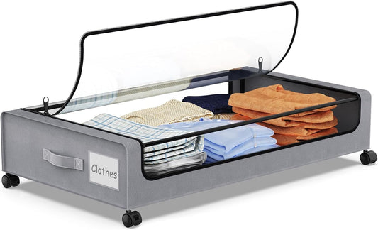 Under Bed Storage with Wheels, 1-Pack Under Bed Storage Containers,Under Bed Shoe Storage Organizer with Clear Window&Label,Rolling Under Bed Storage Metal Drawer for Clothes,Shoes,Toys Grey