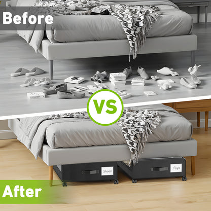 Under Bed Storage with Wheels, 1-Pack Under Bed Storage Containers,Under Bed Shoe Storage Organizer with Clear Window&Label,Rolling Under Bed Storage Metal Drawer for Clothes,Shoes,Toys Black